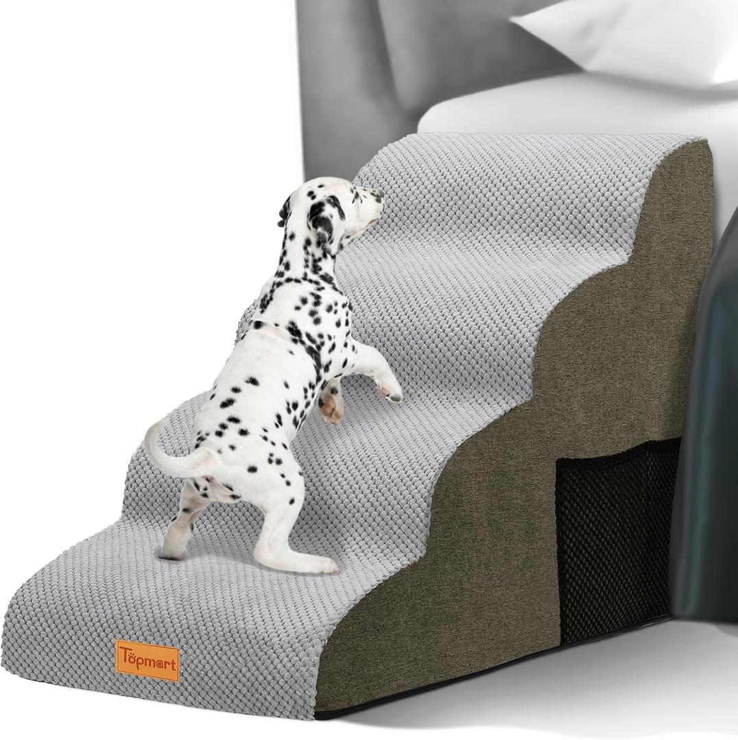 Topmart High Density Foam Dog Steps 4 Tiers,Extra Wide Deep Pet Steps,Non-Slip Dog Stairs Ramp for Bed,Soft Foam Cat Ladder,Best for Older Injured,Older Pets,Cats with Joint Pain (Light Grey) Topmart High Density Foam Dog Steps 4 Tiers,Extra Wide Deep Pet Steps,Non-Slip Dog Stairs Ramp for Bed,Soft Foam Cat Ladder,Best for Older Injured,Older Pets,Cats with Joint Pain (Light Grey)