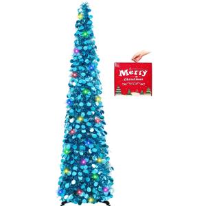 MACTING Pop Up Christmas Tree with Lights 5FT Blue Collapsible Easy-Assembly Coastal Glitter Tinsel Pencil Tree for Porch Apartment Corner Home Holiday Party Indoor Outdoor Xmas Decorations (1PC)