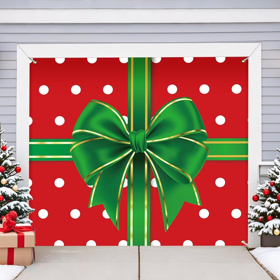 Christmas Garage Door Cover 7x8FT: Single Garage Bow Gift Box Christmas Decorations with Bar Magnets & Ropes, Holiday Garage Door Banner Decorative Xmas with Installation Instructions
