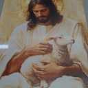 KYHDCJUB Jesus and Lamb Wall Art Jesus Saves the Lost Lamb Painting Christian Picture Wall Decor God Embraces Sheep Picture Prints Artwork for Living Room Bedroom Church 16x24 Inch Ready to Hang