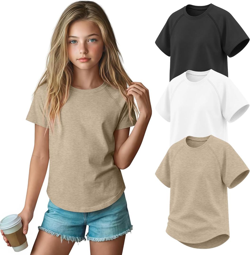 3 Pack Girls' Short Sleeve T-Shirts Loose Fit Crew Neck Tops Raglan Curve Hem Shirts Casual Kids Basic Tees 5-14Y
