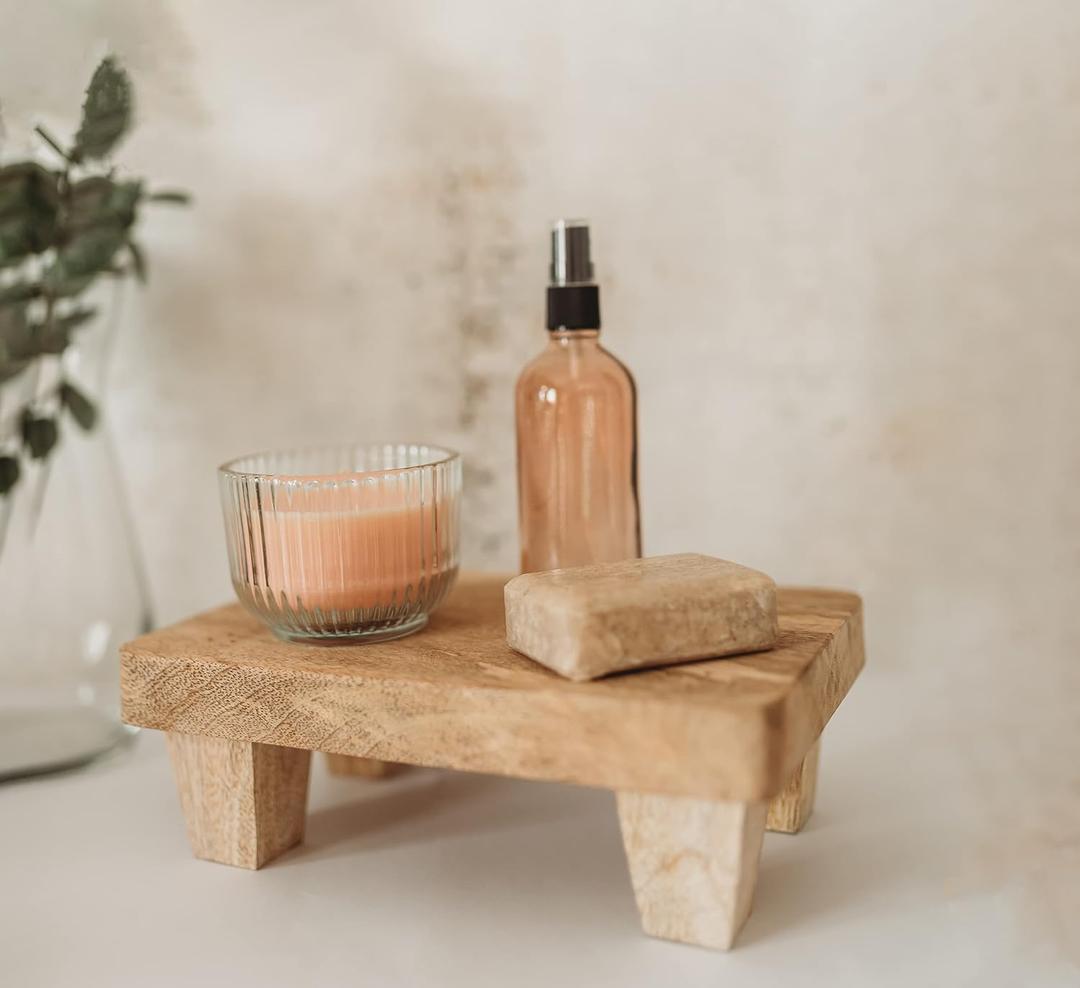 Wooden Tray Pedestal Decor | Display Riser for Plant and Other Home, Kitchen or Bathroom Accessories Hand Carved Mango Wood 2 Finishes (Natural Wood)