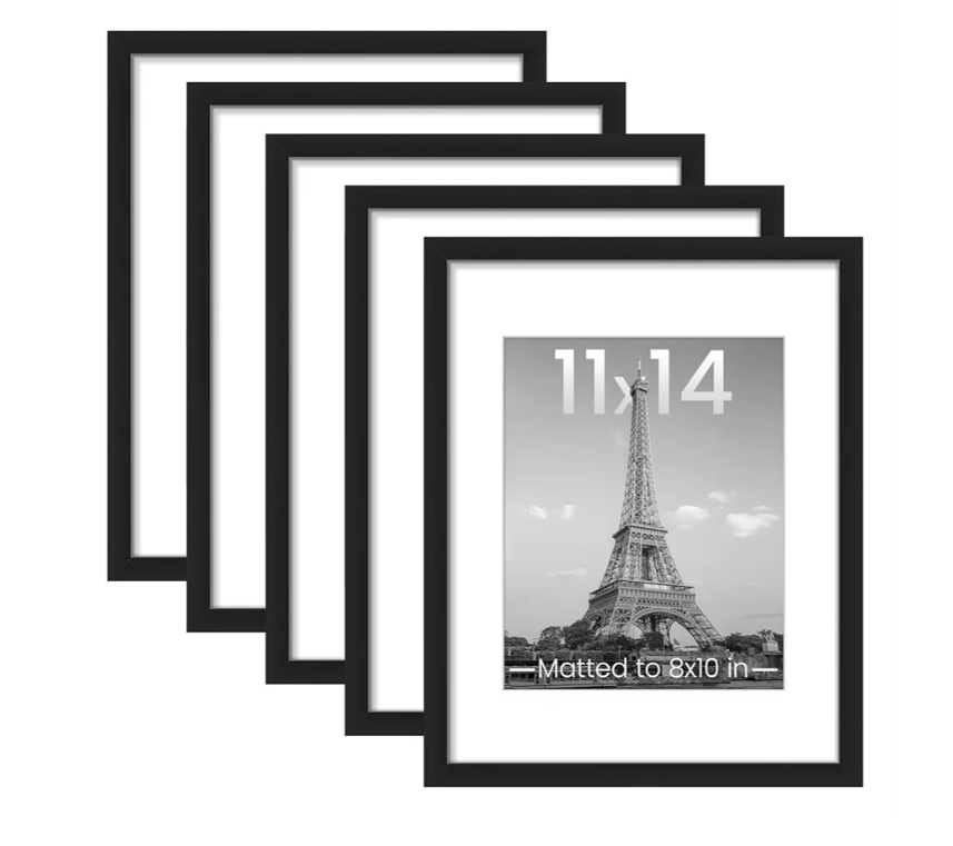 upsimples 11x14 Picture Frame Set of 5, Display Pictures 8x10 with Mat or 11x14 Without Mat, Wall Gallery Photo Frames, Black