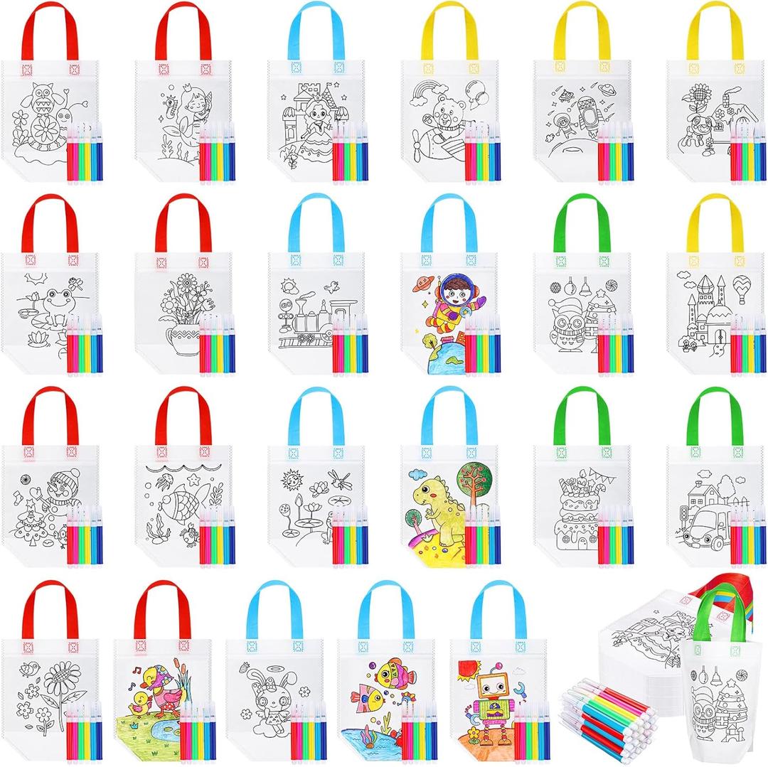 Chunful 24 Pcs Coloring Goodie Gift Bags for Kids Birthday Party with 120 Makers, Reusable Coloring Tote Bags Cute Cartoon Party Favor Non Woven with Colorful Pens DIY Crafts (Lovely with Maker)