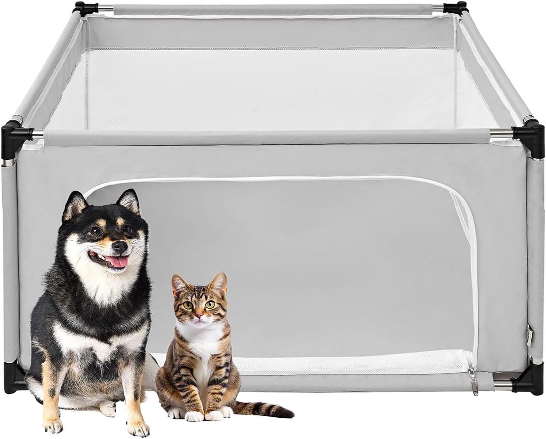 EHEYCIGA 42x42x26 Inches Puppy Playpen Without Top Cover for Dogs & Cats Indoor or Outdoor - Dog Playpen with Door, Dog Fence for Small Animal with Heavy-Duty Oxford & Steel Frame, Silver Grey