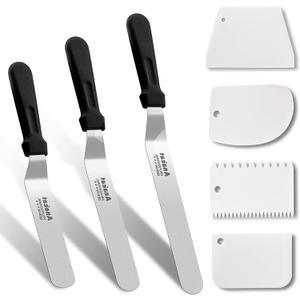 Anaeat Icing Spatula, 3 Pieces Professional Angled Offset Frosting Spatulas with 6", 8", 10" Stainless Steel Blades & 4 Pack Cake Smoother Scraper for Cake Decorating, Baking & Pastry (Set of 7)