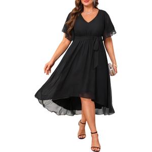 Plus Size Dresses Wedding Guest - Formal Cocktail Chiffon V Neck Short Sleeve High Low Dress Curvy Women (Black) 20W