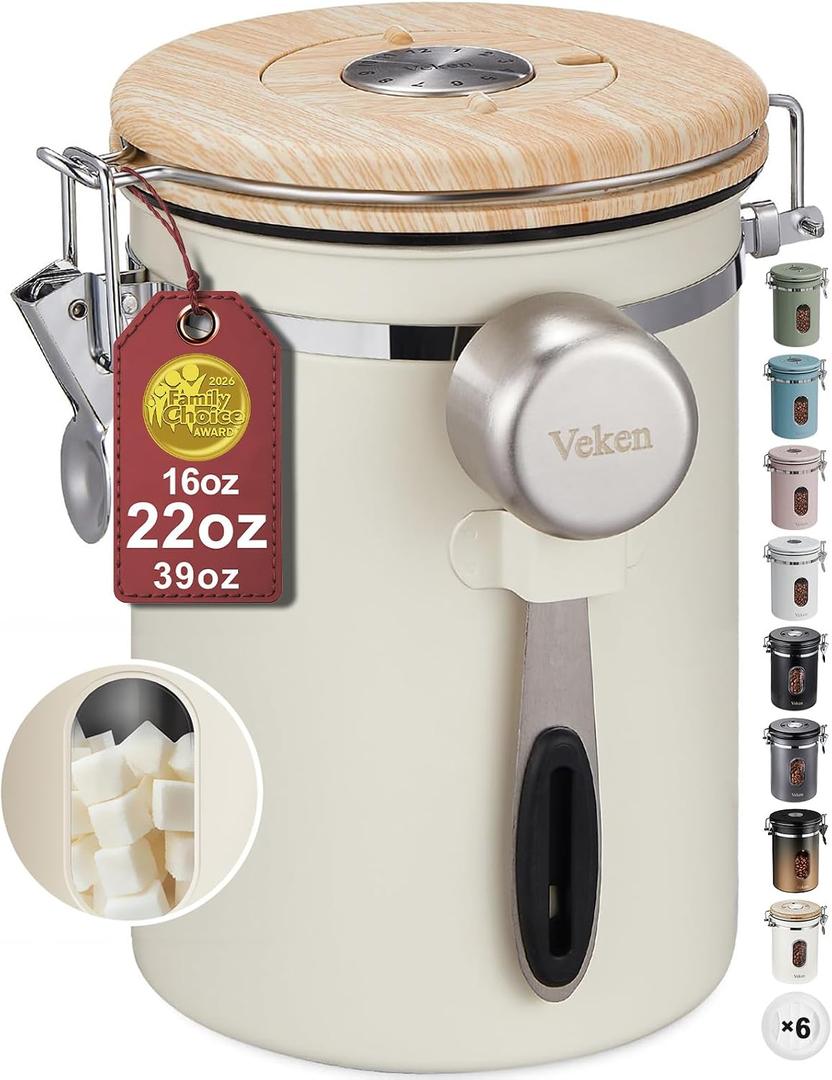 Veken Coffee Sugar Canister with Window, Mothers Day Gifts For Women,Airtight Stainless Steel Kitchen Food Storage Container, Date Tracker & Scoop for Grounds Coffee, Beans,Tea,Flour,Cereal,22OZ,Cream