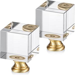 2 Pieces Cube Crystal Lamp Finial Clear Square Lamp Finial Cap Knob Top Knob with Chromed Base for Shade Decoration, 1-4/5 Inches Tall(Clear, Gold)