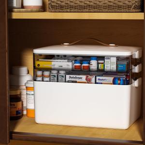 JOYBOS 3-Tier Medicine Storage Box Cabinet, Empty First Aid Kit Portable Medical Supply Organizer with Leather Handle for Home