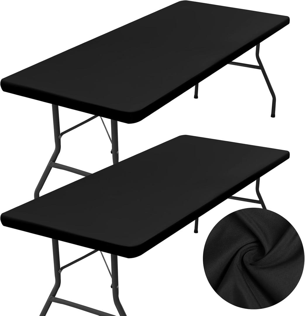 homing 2 Pack Rectangle Table Cloth, Elastic Fitted Fabric Tablecloth Fits for 4 Foot Folding Tables, Washable Table Cover for Picnic, Camping, Indoor & Outdoor (Black, 24" x 48")