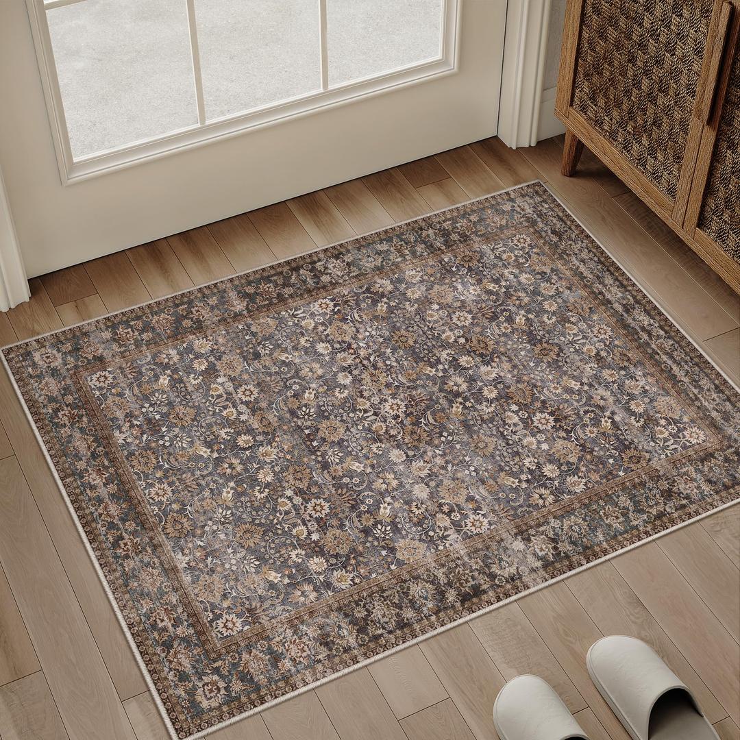 HUGEAR 2'6''x12' Brown Blue Vintage Floral Washable Runner Rug for Hallway