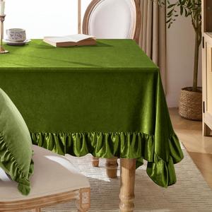 KKJIAF Olive Green Velvet Tablecloth 60 x 102 Inch, Retro Farmhouse Ruffle Oblong Tablecloth Washable Table Cover for Wedding Buffet Parties Baby Shower Kitchen Decoration
