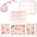 Bakepacker Auto-pop Up Cupcake Boxes with Window White 20PCS 12 Count Cupcake Box 13"x10"x3.5" Cupcakes Carrier, 12 Cupcake Containers with rolls of pink ribbons