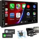 Leadfan Double Din Car Stereo with Dash Cam, Support Apple Carplay and Android Auto, 7INCH Full HD Touchscreen Car Audio Receivers Double Din Radio with Bluetooth, Camera, FM/2 USB/AUX/Subwoofer/SWC