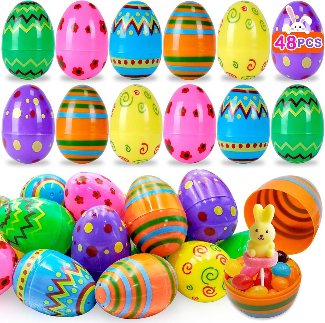 48 PCS 3" Plastic Printed Easter Eggs Fillable Easter Eggs Bright Colorful Empty Plastic Eggs Bulks Easter Hunt for Kids Teens Boys Girls Toddler Easter Basket Stuffers Party Favor