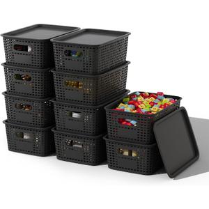 ORGIDOL Plastic Storage Basket with Lids 10 Pack Stackable Black Storage Bins Containers with Lid, Decorative Storage Boxes for Organizing Shelves, Drawers, Playroom, Classroom, Office, Closet