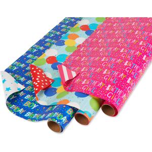 American Greetings Reversible Birthday Wrapping Paper, Stars, Polka Dots, and Balloons (3 Pack, 120 sq. ft)