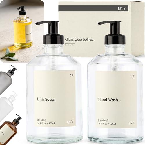 KIVY Glass Soap Dispenser Set [INCL. Waterproof Labels] - Glass Soap Dispenser with Pump - Hand Soap and Dish Soap Set - for Kitchen, Shower & Bathroom - Refillable (1X 16oz)