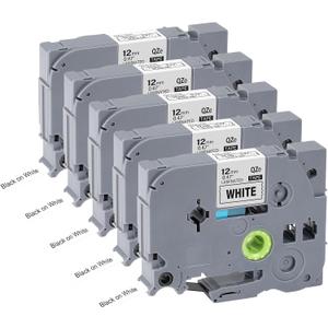 5pack 12mm 0.47'' TZe TZ Tape Laminated White Label Maker Tape Replacement for Brother P Touch Label Tape TZe-231 TZe231 Compatible with Brother PT-D210 PT-D220 PT-H110 PT-D410 PT-P710BT (Black on White)