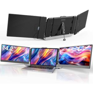 Laptop Screen Extender 14.2" 1080P FHD IPS, Portable Triple Monitor for 13-17" Laptops, Portable Screen for Laptop with Dual Speakers, Plug-Play with Type-C/HDMI/USB-A for Mac/Wins/Chrome