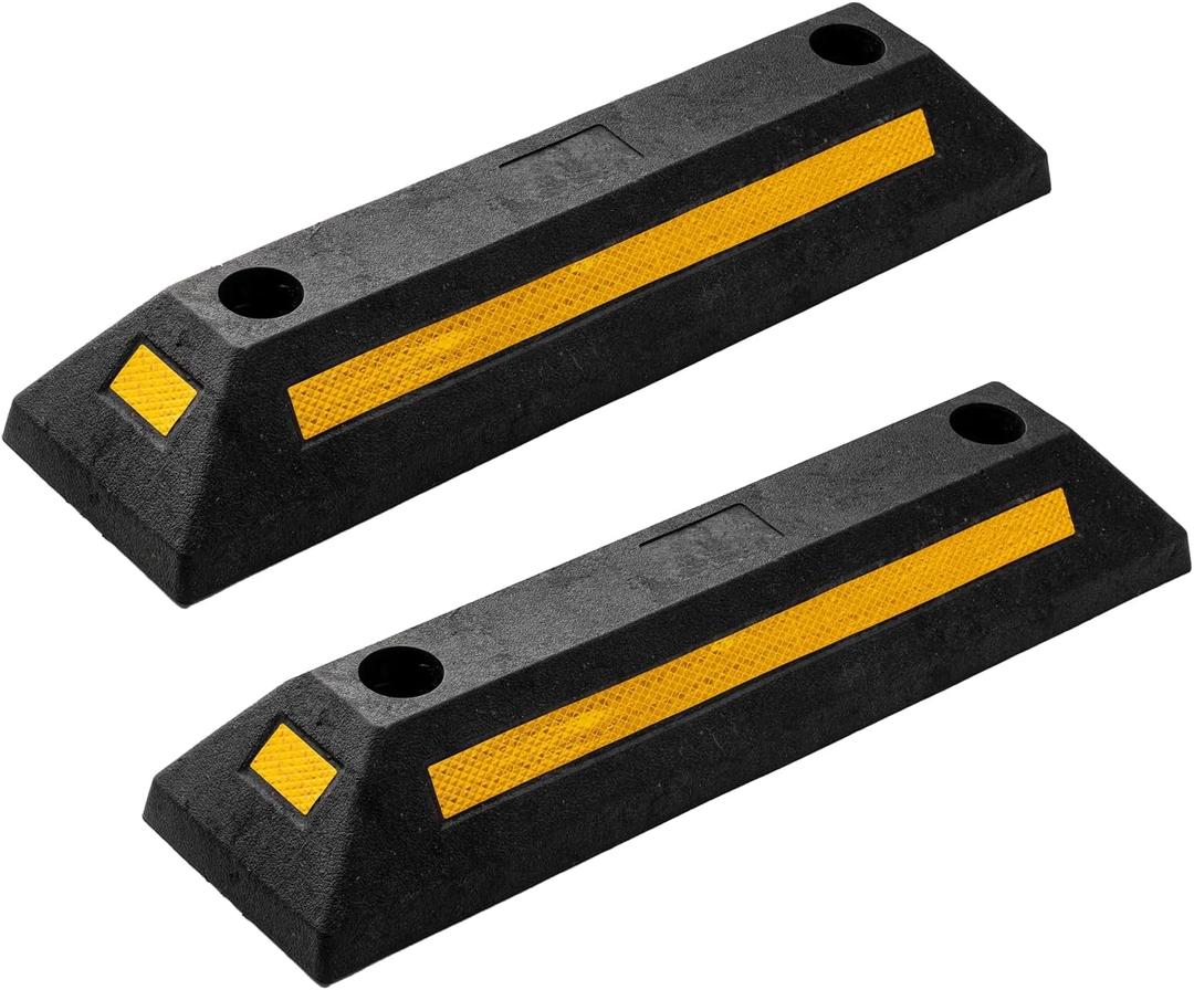 ZONETECH Heavy Duty Rubber Parking Guide - 2 Pcs Premium Quality Durable Car Garage Wheel Stopper Professional Grade Park with Reflective Yellow Tape Curb