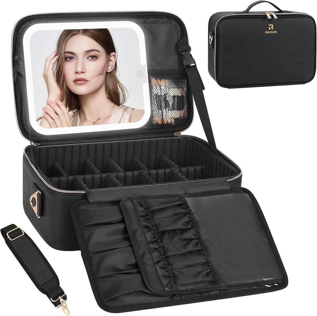 Relavel Makeup Bag with LED Mirror Travel Train Case Large Cosmetic Bags Organizer with Lighted Up Mirror with 3 Color Lights, Adjustable Brightness, Adjustable Dividers and Shoulder Strap (Black) (B-Medium, I black)