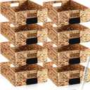 Nitial 8 Pcs 16 x 12 x 5 Inch Wicker Storage Basket, Rectangular Water Hyacinth Storage Baskets for Shelving, Foldable Woven Pantry Organizer with Chalkboard Label and Chalk Marker (Classic Color) (Natural)