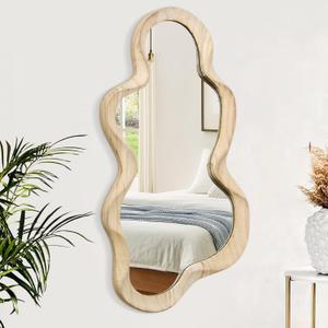 Asymmetrical Mirror for Wall Decor Large Modern Wooden Framed Wall Mirror Unique Shape Wall Mounted Vanity Artistic Wavy Mirror Decorative for Living Room Bedroom Bathroom Entryway Natural (47"L x 22"W)