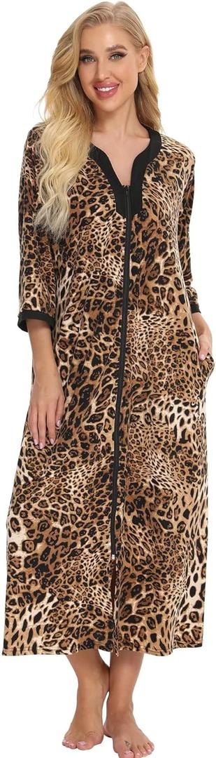 Bloggerlove House Dresses for Womens Zip Up Robe Cotton Nightgown Long House Coat Half Sleeve Night Gowns Comfy Sleepwear, Size XL