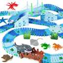 264 PCS Shark Race Tracks for Kids Toys, Glow in The Dark Magic Toy Set, 2 Shark Cars Track, Flexible DIY Track Set, Birthday Gift for Age 3-9 Boys Toddler Girls