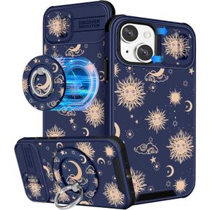 Buleens for iPhone 15 Plus Case 6.7 Inch - with Ring Stand & Camera Cover Aesthetic Cute Designed for Women Girls Sun Moon Stars for iPhone 15 Plus Phone Case Compatible with Magsafe
