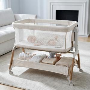GROWNSY 5-in-1 Baby Bassinet Bedside Sleeper with Gentle Rocking Mode, 6 Adjustable Heights, Full Breathable Mesh, Convertible to Portable Crib, Bassinets with Mattress & Wheels, Beige
