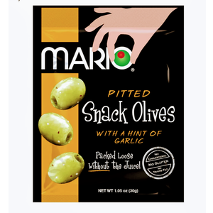  Mario Camacho Foods Pitted Snack Olives - Green Olives with a Hint of Garlic - 1.05 oz Pouches (Pack of 12), Best By: 12/2023