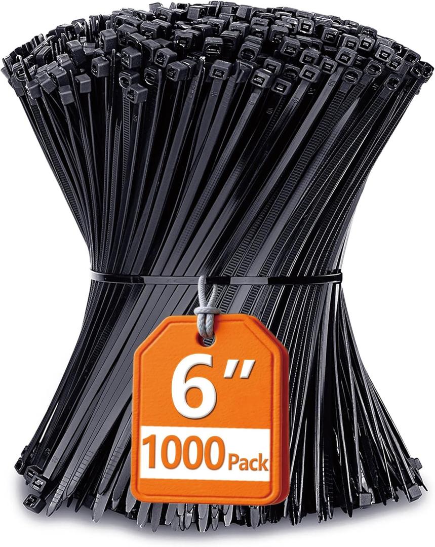 Zip Ties 6 inch with 25 lb Tensile Strength, Black Cable ties, 1000 Pack, ANOSON