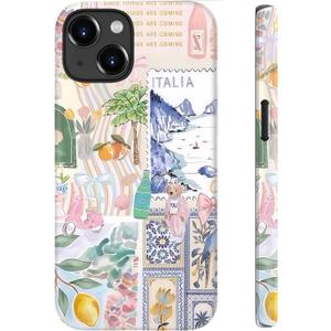 for iPhone 15 Plus Case Cute - Wireless Charging Compatible - Dual-Layer Hard Shell + Silicone Cover - Aesthetic Protective Phone Case for Women - Coquette Italian Summer Collage Coastal