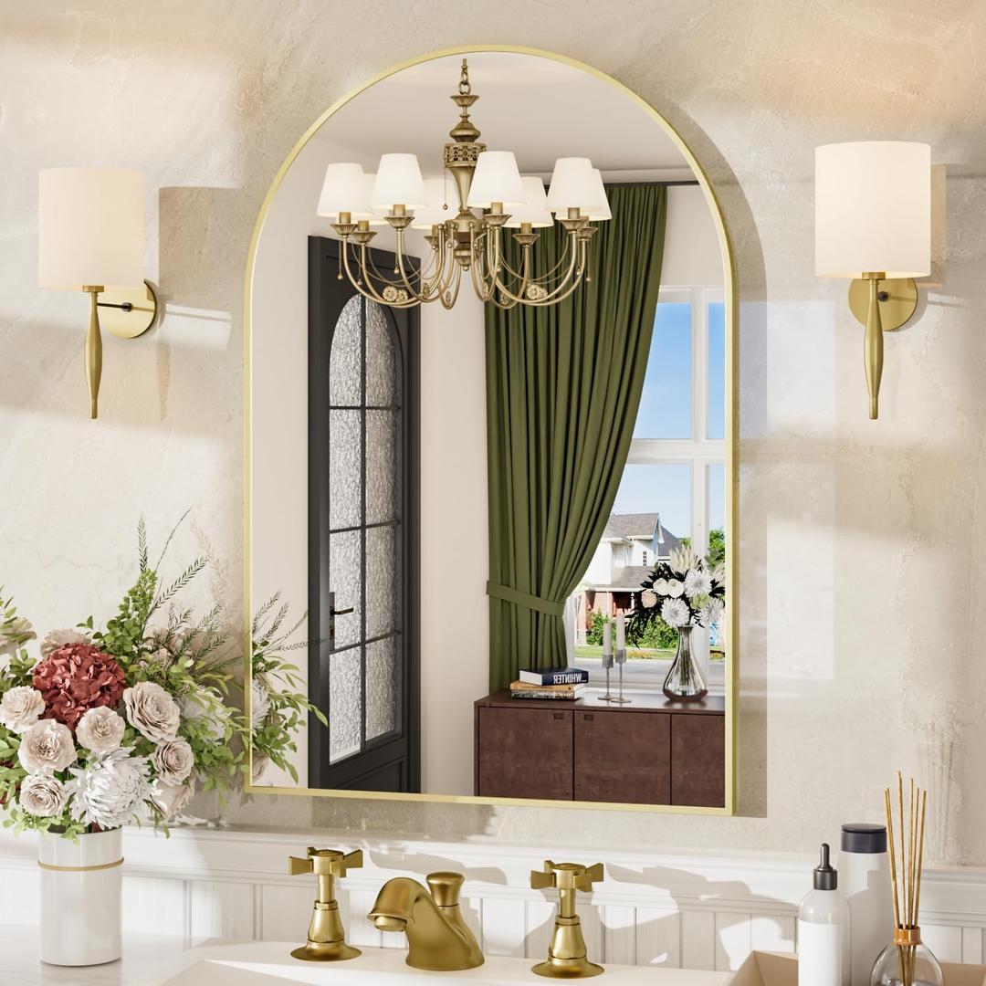 24x36 Inch Arched Bathroom Mirror, Wall Mounted Arch Vanity Mirror for Over Sink, Tempered Glass, Brushed Gold Aluminum Frame, for Bathroom Bedroom Entryway Living Room