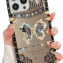 Cute Compatible with iPhone 15-6.1Inch Case with Luxury Bling Glitter Butterfly Foldable Stand Kickstand,Glitter Soft PC Mirror Slip-Resistant Bumper Protective Cover for Women & Girls(Black)