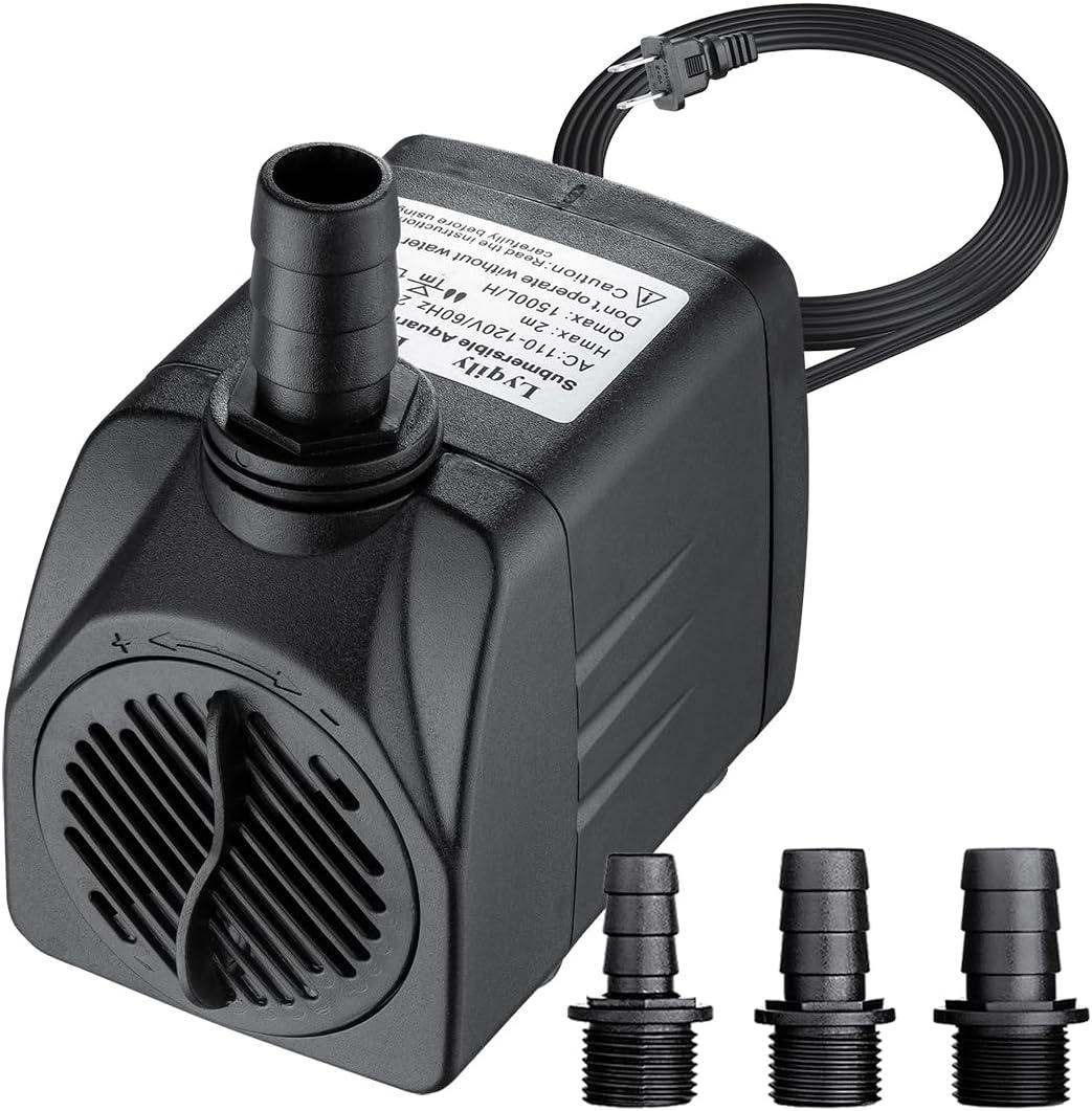 Submersible Pump 400GPH 6.6 ft Lift 25W 110V 2-Prong Adjustable 1/2" 5/8" 3/4" Barb for 50-200Gal Aquariums, Outdoor Garden Fountains