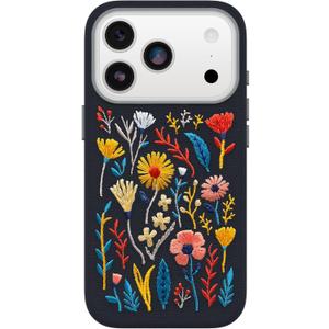 OtterBox iPhone 17 Pro Symmetry Series Cactus Leather Embroidery Case - Enchanted Garden - Blue - Textured, Embroidered Floral Artistic iPhone Case
