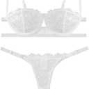 Lilosy Sexy Eyelash Underwire Floral Lace Sheer O Ring Linked Cutout Lingerie Set 2 Piece (White), Medium