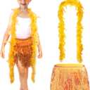 Girls Sequin Skirt Kids Fringe Tassel Skirt Feather Boa Sunglasses Belly Dance Rave Disco Tutu for 3-12Y (Gold Sets)