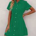 GRAPENT Denim Dress for Women Babydoll Tiered Short Sleeve Button Down Jean Shirt Dresses (Green, XXL)