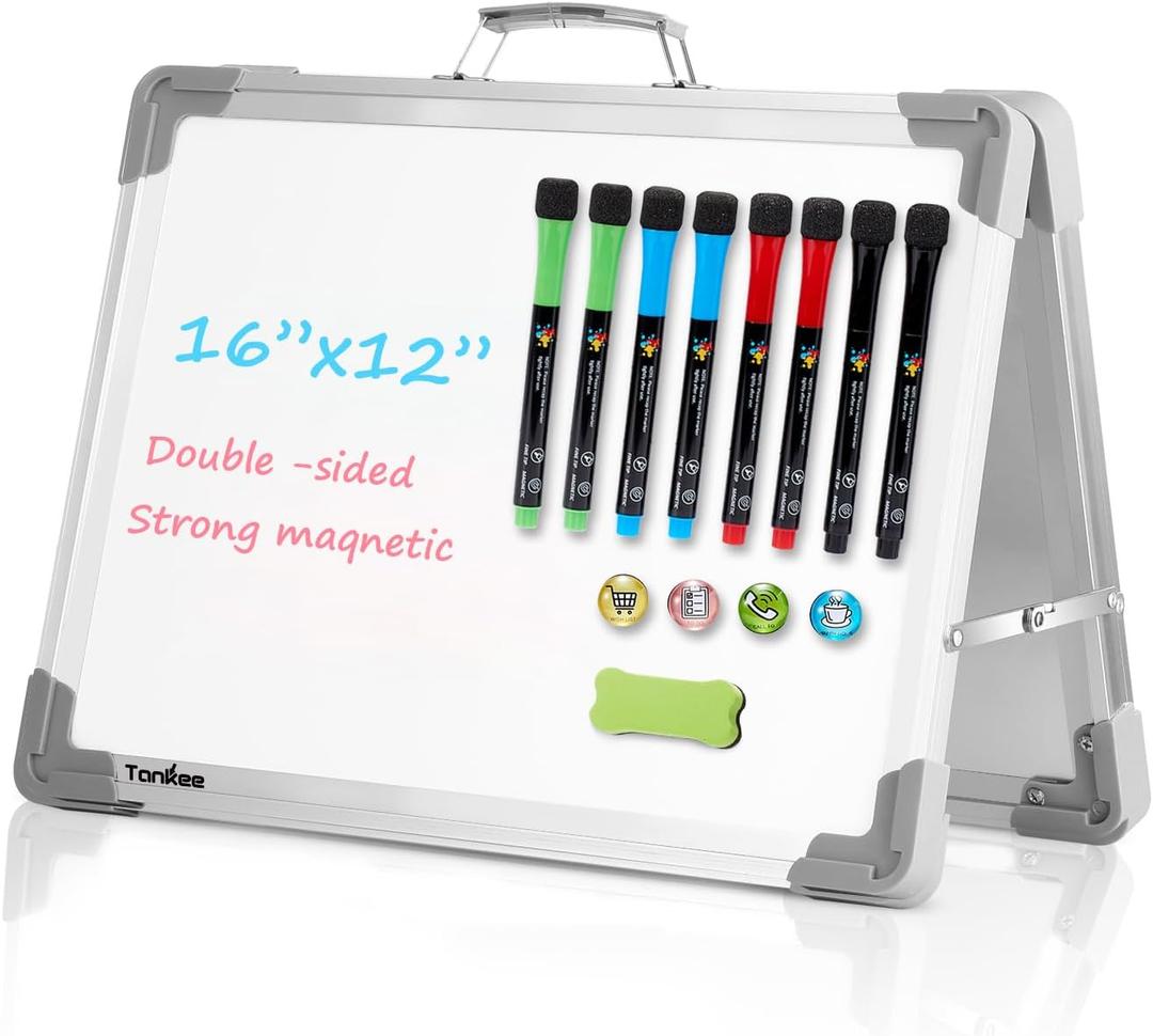 Small Dry Erase White Board  TANKEE Magnetic Desktop Foldable Whiteboard Portable Mini Easel Double Sided on Table Top with Holder for Drawing, Teacher Instruction, Memo Board (Gray)