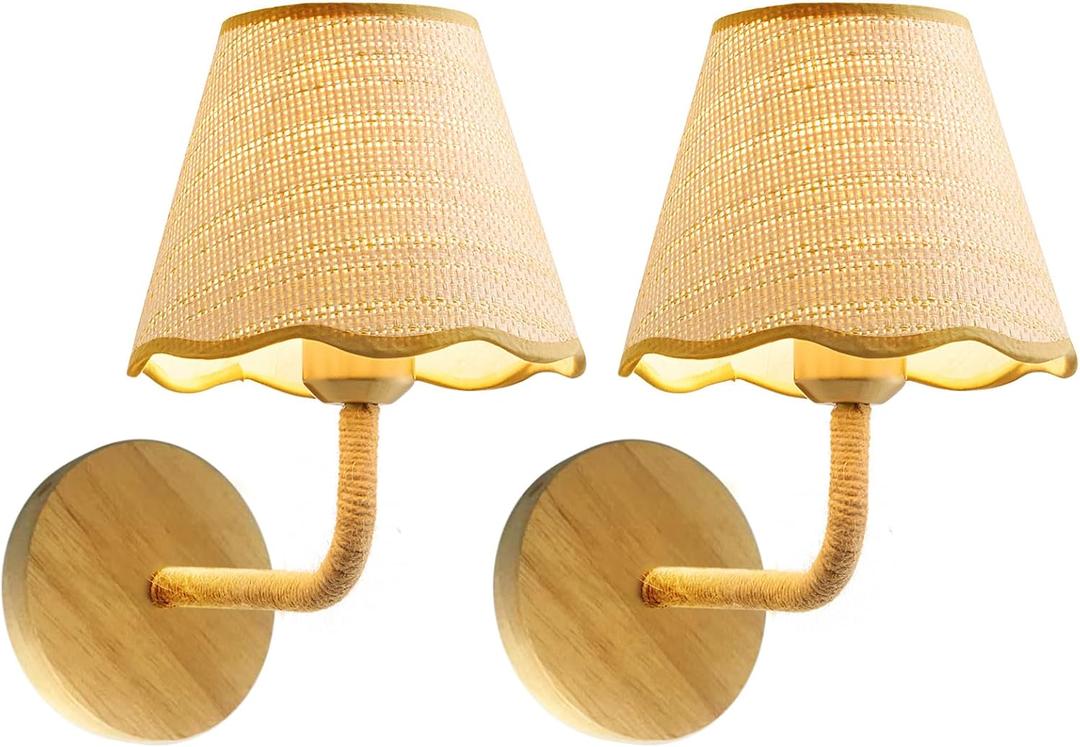Set of Two Stick-On Hand Woven Wall Sconces, Battery Operated Wireless Wall Sconces with Remote Controlled, Adjustable Brightness Living Room Wall Decor(E26 Bulb Included)