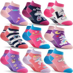 Baby Girls Boys Toddlers Grips Socks Kids Non Slip Anti Skid Ankle Cotton No Show Socks with Grippers (5-8 Years, Rainbow Unicorn a)