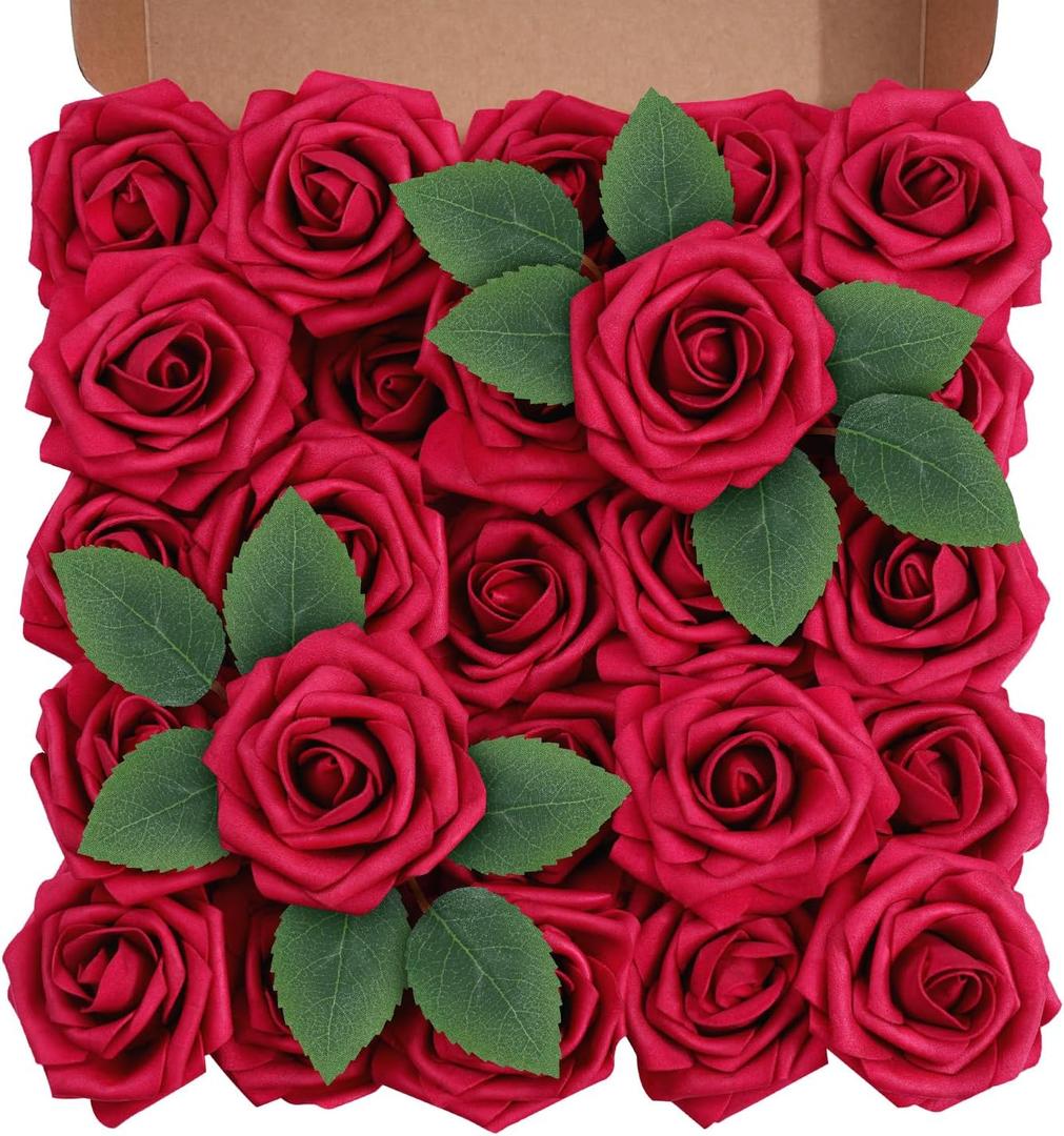 Artificial Flowers Foam Fake Roses 25pcs Red Roses with Stems for Home Decor DIY Wedding Bouquets Party Bridal Shower Centerpieces Faux Flower Arrangements Tables Decorations