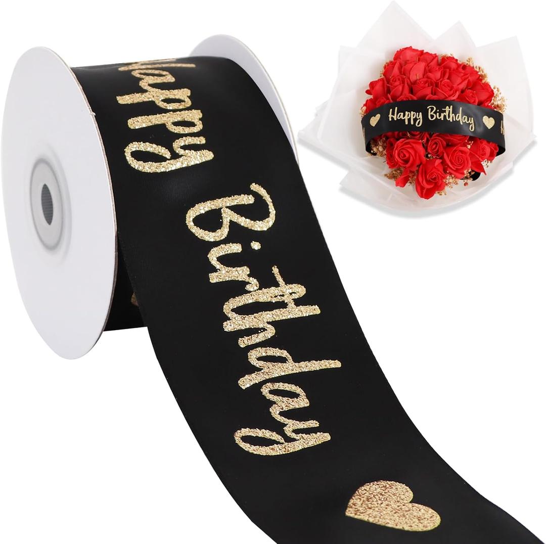 TONIFUL Glitter Black Happy Birthday Satin Ribbon 2 Inch x 10 Yards Wide Printed Shiny Ribbon for Gift Wrapping,Flower Bouquet Decoration,Crafts,Banner Making and Party Supply