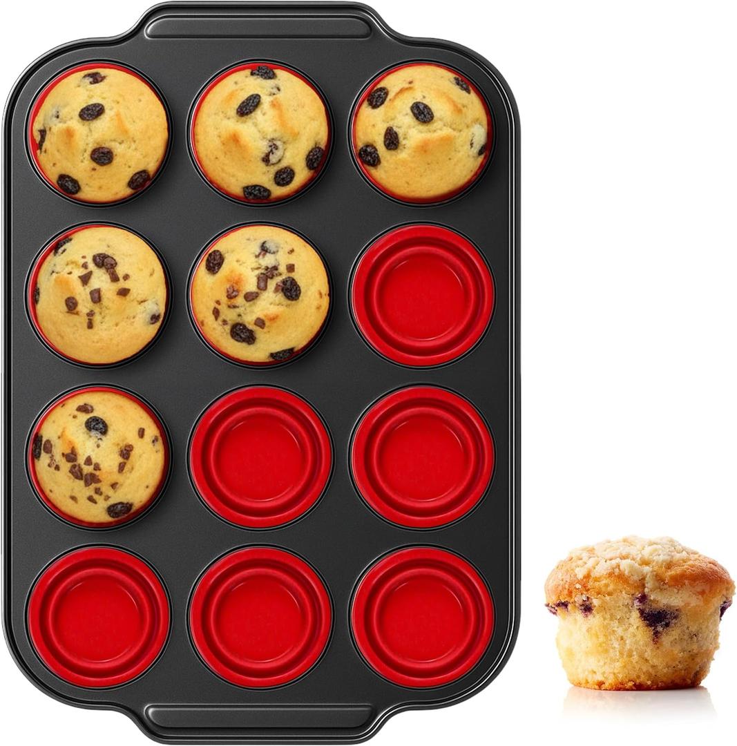 Silicone Muffin Pan with Metal Frame Nonstick 12 Cup Regular Size Cupcake Tin Bakeware Easy to Pop Egg Bite Molds Oven and Dishwasher Safe Pan Maker Tins Red Cups Non Toxic Baking Cup