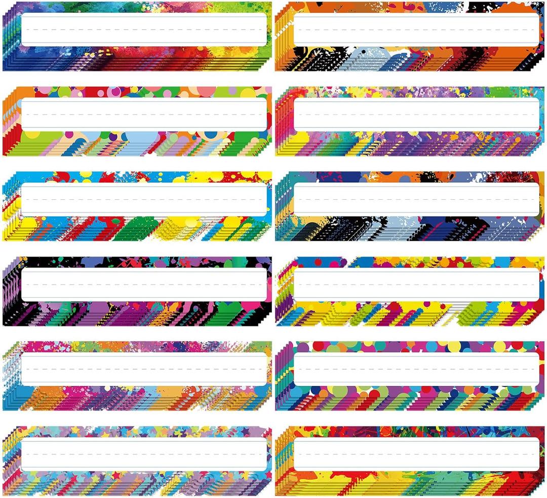 72 Pcs Classroom Desk Name Plate Tags Colorful Nameplates Confetti Labels with 200 Pcs Point Dots for Kids Kindergarten Preschool Students Teachers School Supply Bulletin Board (Oil Painting Style)